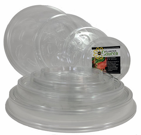 t4D Planter Saucer; Package of 12 Durable Clear Plastic drip Trays in 4 Different Sizes; 3-6", 3-8", 3-10", 3-12'